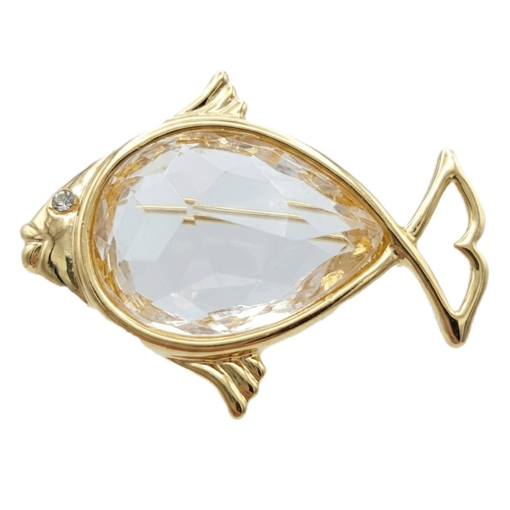 L. Razza Fish Brooch Pin Gold Tone Faceted Glass Stone 1960s–70s SKUJ136